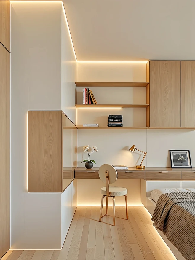 Architectural LED Strip Lighting for a Study Nook Concealed LED strip lighting along ceiling coves and built-in shelves in a study nook